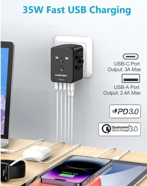 Ładowarka z adapterem EU, UK, US i AUS 35 W AMONER Ładowarka z adapterem EU, UK, US i AUS 35 W AMONER