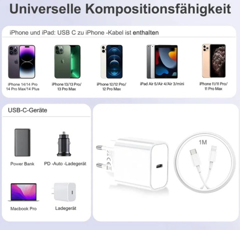 Amoner iPhone 20 W USB C ładowarka z kablem ładującym 1 m Amoner iPhone 20 W USB C ładowarka z kablem ładującym 1 m