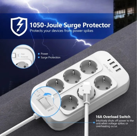 JSVER Listwa Zasilająca 6 Gniazd z 4 Portami USB JSVER Listwa Zasilająca 6 Gniazd z 4 Portami USB